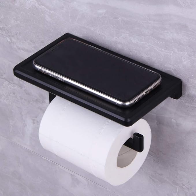 Toilet Paper Holder for Bathroom Solid ZINC Alloy Material and Superior Hotel Style Tissue Roll Holder with Cell Phone Storage Black D500091B