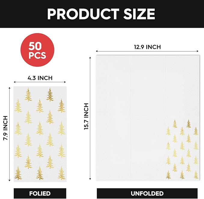 Horaldaily 50 Christmas Disposable Paper Decorative Guest Napkins, Gold Xmas Trees Hand Towel for Party Lunch Dinner Kitchen Bathroom