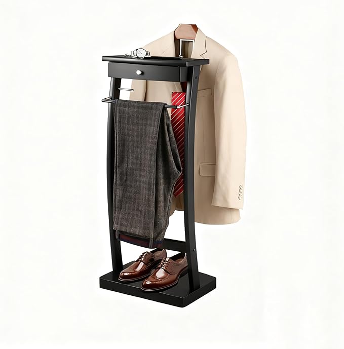 Wood Clothes Valet Stand with Tray, Floor Standing Suit Valet Stand with Drawers and Front Trouser Rack, Men's Valet Stand, for Living Room Office Dressing Room 44.4x30x112.2 cm (Black)