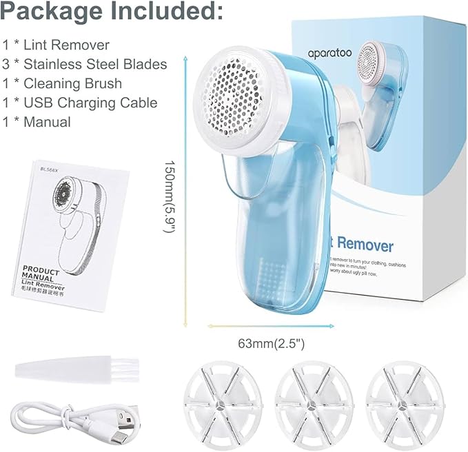 Fabric Shaver, Lint Remover for Clothes, Electric Lint Remover with 3 Replaceable Blades, Removes Fabric Pills, Rechargeable Sweater Defuzzer Pill Remover, Depiller Effectively Remove Pills, Lint