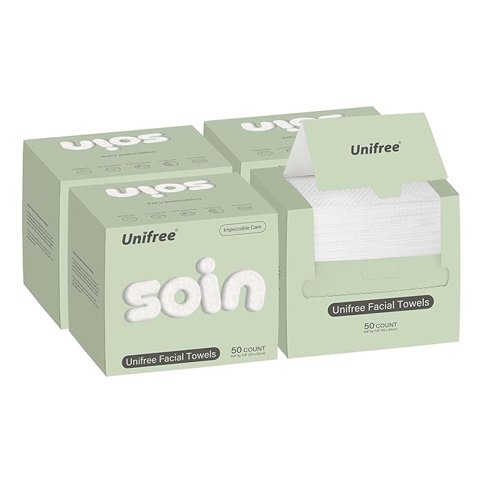 Unifree Facial Towels I Towelettes I Dry Wipes I Makeup Remover I Clean Facial Tissues in Box, Large Size 11.8 x 9.8 Inch, 50 Count Per Box, 4-boxes Value Pack, Total 200 Count