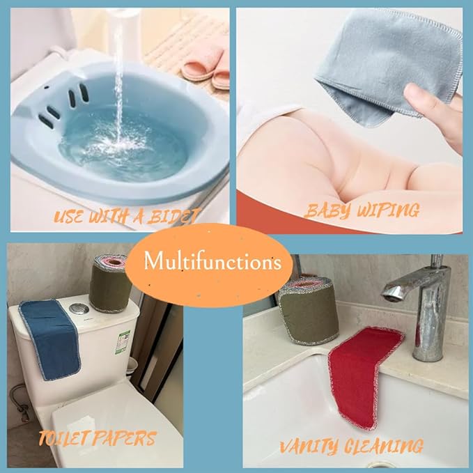 Reusable Toilet Paper Towels 20 Count Roll,Washable Cotton Cloth Paper Bidet Towels,2-Ply Super Soft Absorbent,Paperless Wipes Zero Waste(Solid 5 Colors)