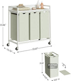 Herture Laundry Hamper with Shelf, Laundry Basket 3 Section, Laundry Sorter with Pull-Out Removable Large Bags and Movable Wheels, Metal Frame, 3 x 15.87 Gallons (60L), White PF04XLW