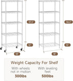 Golpart Small 5 Tier Shelves Storage Wire Shelving Unit Metal Shelf Adjustable Organizers Storage Shelving with Wheels for Bathroom Laundry Room Kitchen Pantry12”D x 18”W x 57.2”H White