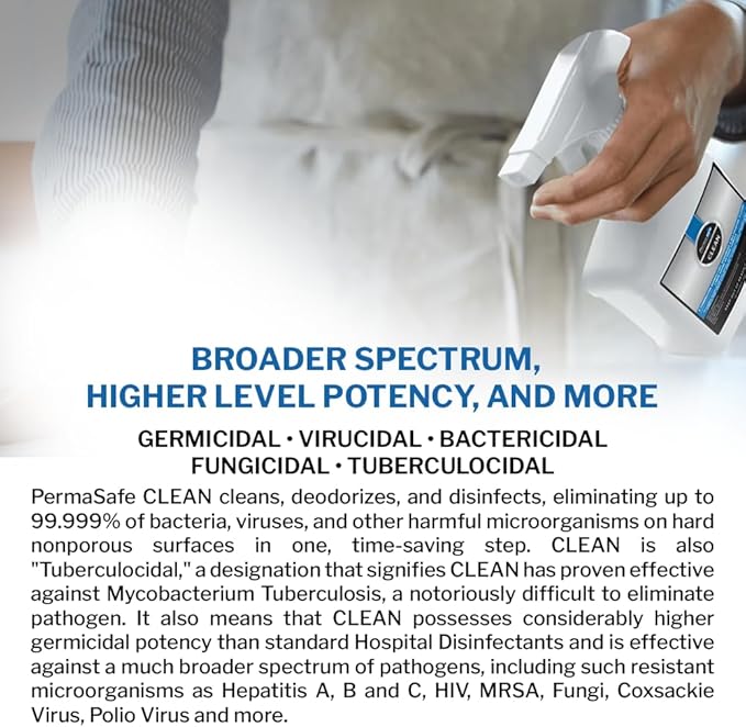 PermaSafe CLEAN, All-Purpose Hospital Disinfectant Cleaner; No Rinse, Hard, Soft & Food Contact Surface Sanitizer; Mold, Mildew and Fungi Killer; Odor Eliminator; Allergen Remover & More (32 Fl Oz)