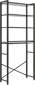 4-Tier Over-the-Toilet Storage Rack with One-Piece Wooden Shelves & Open Net Basket, Bathroom Organizer with Adjustable Feet & Anti-Tip Kit, Space-Saving Toilet Shelf, Black, 24.4" x 9.4" x 69.3"
