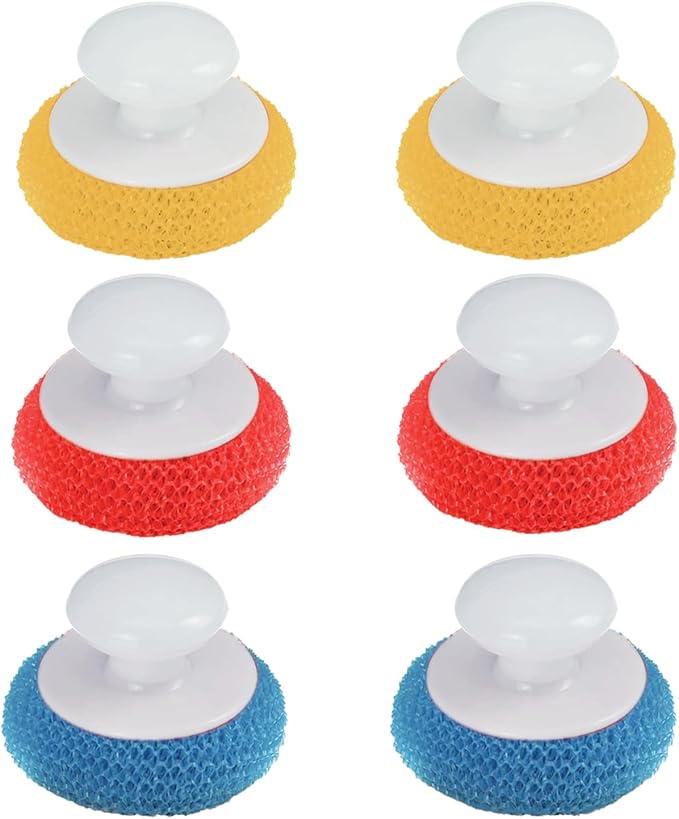 LOLA Plastic Mesh Non-Scratch Scouring Pad, 6 Pack, Hand Saving Comfort Knob, Red, Blue or Yellow It's Random, Clean Pots, Pans, Sinks