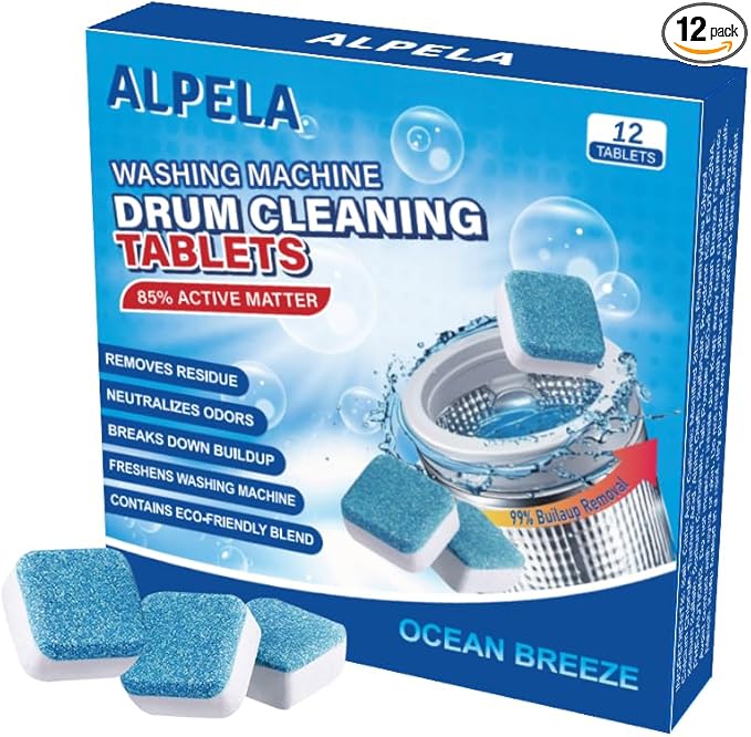 Ocean Breeze Washer Cleaner Tablets 12 Count – Septic Safe Washing Machine Cleaner & Odor Eliminator – Deep Cleaning Descaler for HE Front & Top Load Washers – Laundry Tub & Drum Cleaner