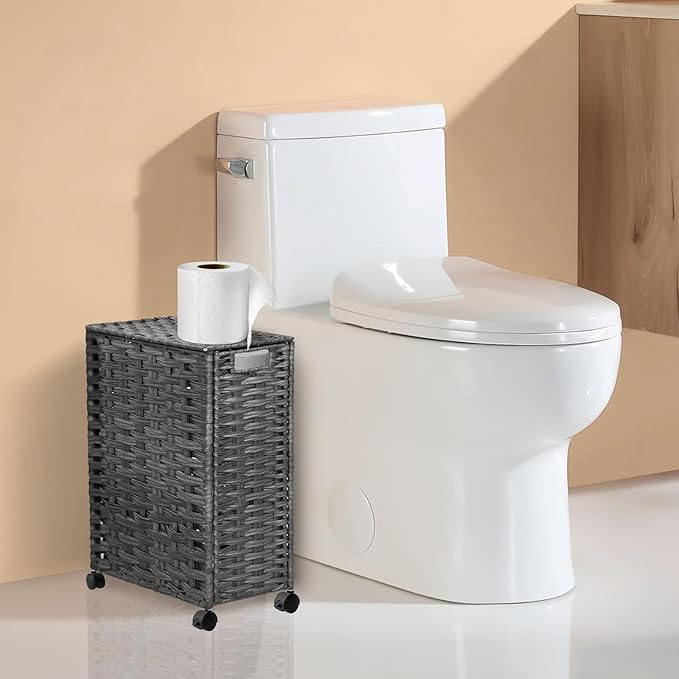 Hiagnete Toilet Paper Storage Basket with Lid and Wheels, Rattan Toilet Paper Holder Storage, Toilet Paper Organizer for Bathroom, Bedroom, Kitchen, 12.6”L x 7.1”W x 17.14”H, Grey