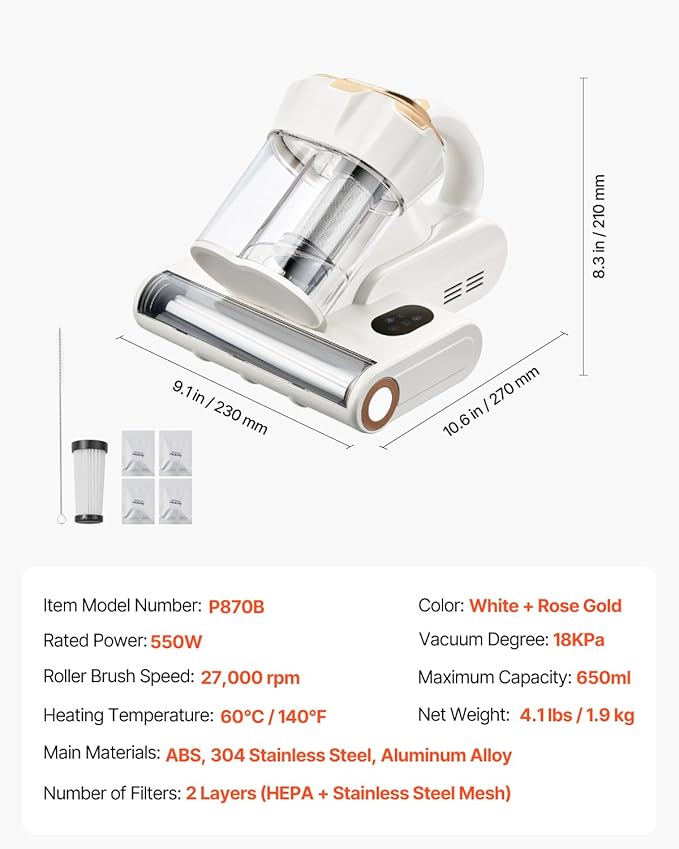 VEVOR Mattress Vacuum Cleaner, 550W Bed Vacuum Cleaner with 18Kpa Powerful Suction and Dual Dust Bin, HEPA Filter & Heating, Ultrasound Tech & Cleaning Lights, Handheld for Bed, Sofa, Corded, White