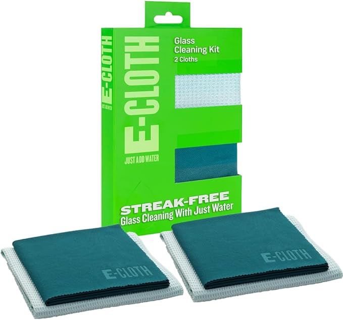 E-Cloth Microfiber Window Cleaning Cloth Kit - Glass Cleaning Cloth for Windows, Mirrors, Cars, Lenses, Eyeglasses, & More, Streak Free Clean, Machine Washable Reusable Towel - Green (2 Kits)