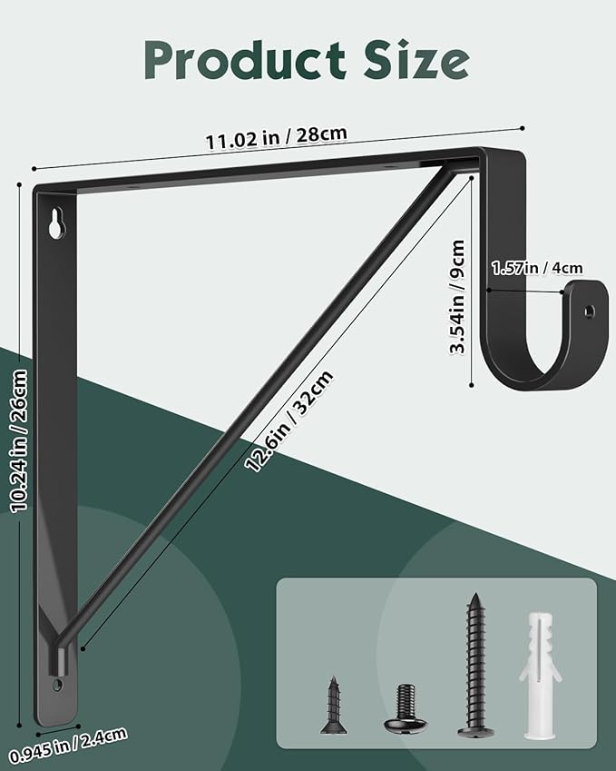 Supforce 4 Pack Closet Rod Bracket, Heavy Duty Closet Rod Support with Rod Holder, Wall Mounted Closet Shelf Brackets with Triangle Stabilizing Design for Closet, Bathroom and Kitchen, Black