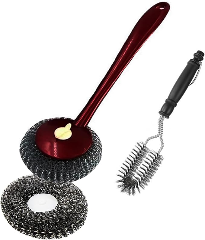 Steel Wool Brush Long Handle Stainless Steel Scrubbers Brush with Replacement Pad for Grill BBQ Pots Pans