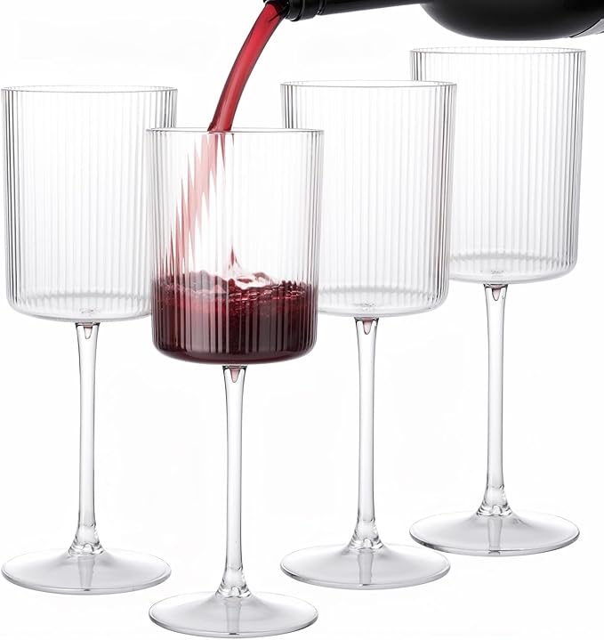 Ciaell 12 PCS Plastic Ribbed Wine Glasses - 10 OZ Plastic Square Wine Glasses with Stem - Disposable Champagne Cups for Parties & Weddings & Party
