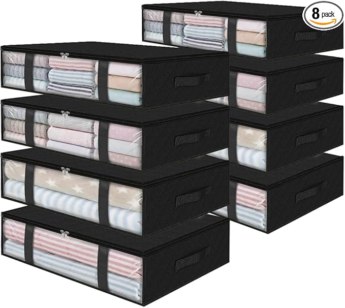 StorageRight Under Bed Storage Bags 8 Pack, 40L Large Clothes & Comforter Storage Containers with Clear Window, Breathable Fabric Organizer for Blankets, Bedding, Seasonal Clothing, Black