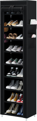 Calmootey 9 Tier Shoe Rack Organizer,Portable Shoe Shelf with Nonwoven Fabric Cover for Closet Hallway,Bedroom,Entryway,17.72x11.81x62.99inches,Black