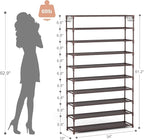 LANTEFUL 10 Tiers Shoe Rack 50 Pairs Large Capacity Tall Shoe Organizer Sturdy Shoe Storage with Two Hooks Space Saving Metal Wide Shoe Rack for Closet, Entryway, Bedroom, Brown