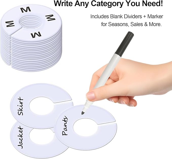 13 Pcs Clothing Rack Size Dividers Round White Plastic Size Markers for Clothing Rack Pre-Labeled (XXS-XXXL) & Blank Dividers & Erasable Pen for Closet, Retail Store, Wardrobe