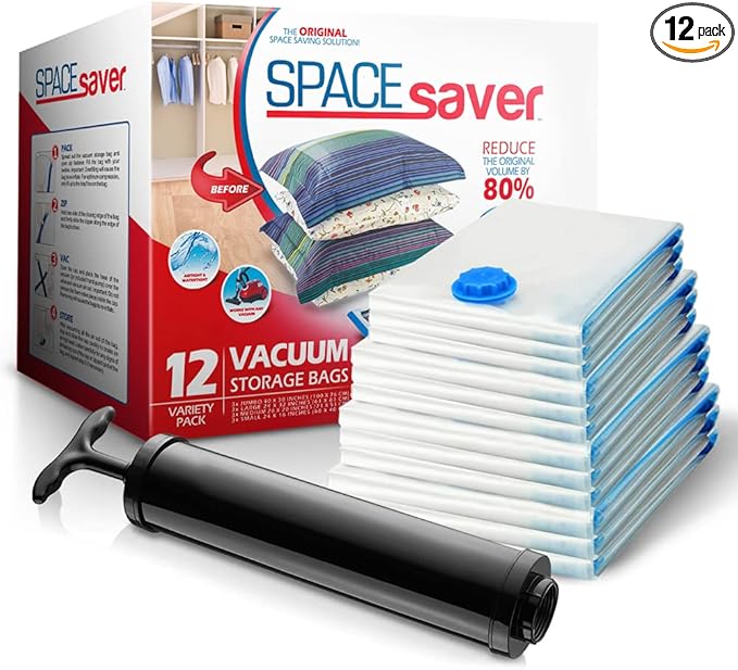 Spacesaver Variety Vacuum Storage Bags for Comforters, Blankets & Clothes – Sealed Compression Bags with Hand Pump – Space Saver Bags for Bedding,Travel & Organization - 3S, 3M, 3L & 3XL - Pack of 12