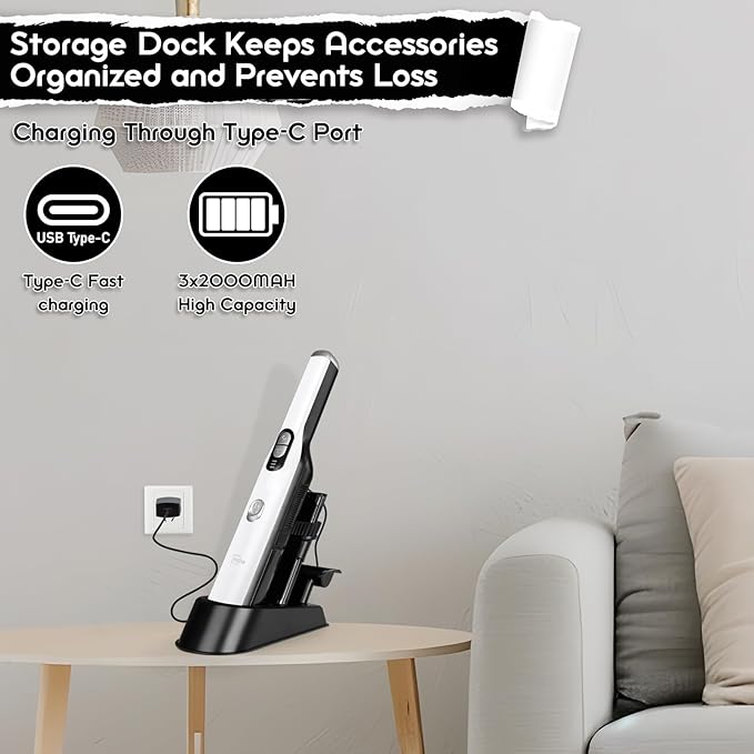 Handheld Cordless Vacuum Cleaner, Portable Car Vacuum with 18KPa Suction Power, Quick-Charge Hand Vac with LED Headlight & Storage Dock for Home Office Desk Keyboards Pet Hair, White