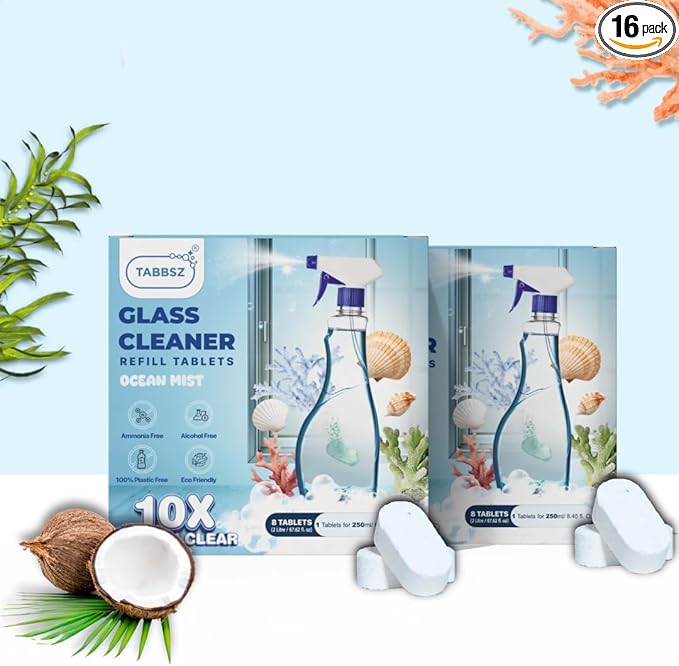 Glass Cleaner Refill Tablets | Plant-Based Streak-Free Window & Mirror Cleaner | Non-Toxic & Eco-Friendly Cleaning Solution | Plastic-Free Packaging | Ocean Mist - Pack of 16