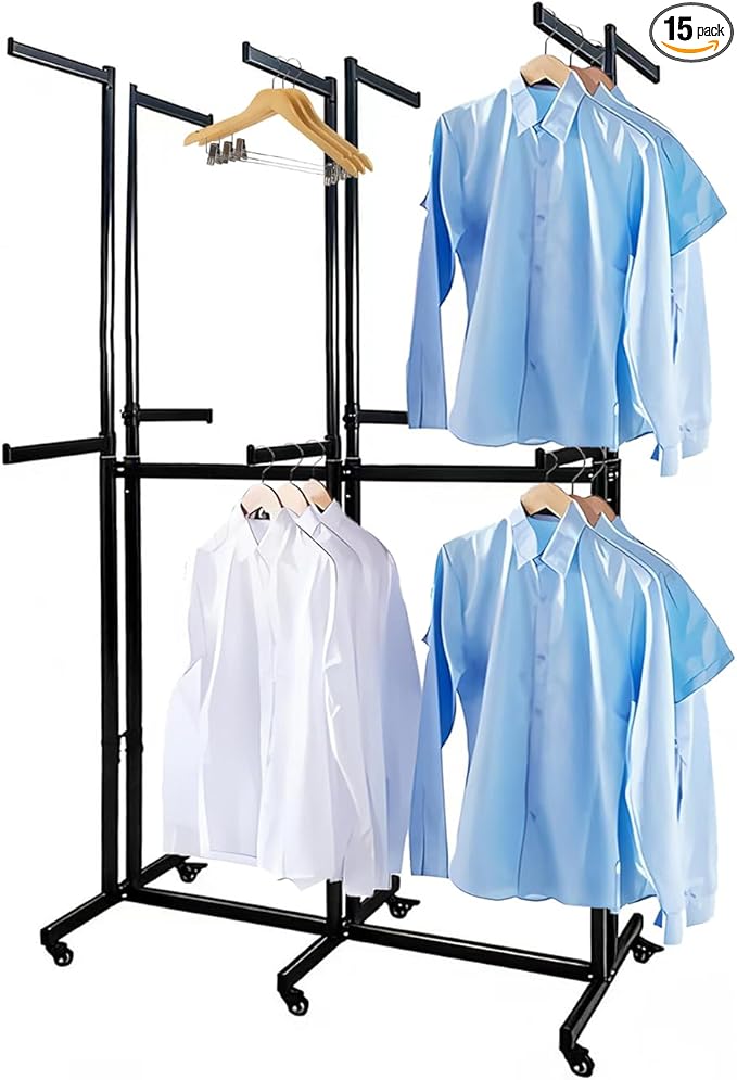 Floor Standing Metal Garment Rack - Heavy Retail Display Racks With Wheels, Two-story 12 Arms Clothing Rack, Square Tubing Portable Shirt Rack, Merchandise Display RackFor Hanging Clothes (Black-2)
