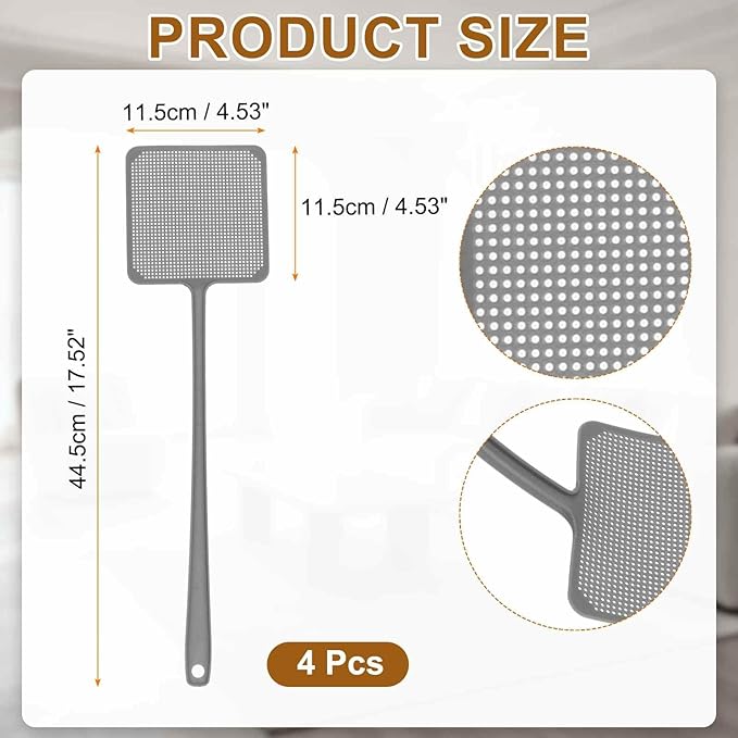 HARFINGTON 6pcs Fly Swatter 4.5"x4.5" Plastic Manual Heavy Duty Long Handle Fly Swatter for Home Indoor Outdoor, Silver