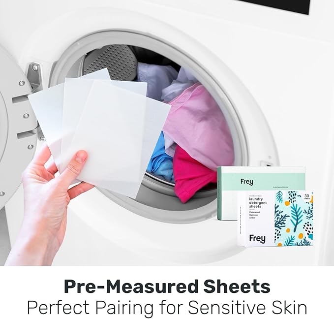 FREY Laundry Detergent & Dryer Sheets Bundle | 60 Count | Plastic Free | Liquidless Full Wash Solution | Soft Fresh Clothes (Cedar Grove)