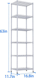 REGILLER 6 Wire Shelving Steel Storage Rack Adjustable Unit Shelves for Laundry Bathroom Kitchen Pantry Closet(Silver, 11.7" D x 16.8" W x 63" H)