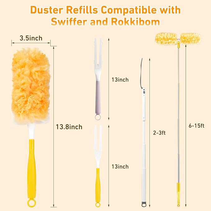 360° Duster Refills Kit for Swiffer Duster, 25 Pack & 1 Handle, Multi-Surface Dusters with 4X Microfibers. Efficient Duster Kit for Cleaning Pet Hair, Home, Office, Blinds, Furniture and More