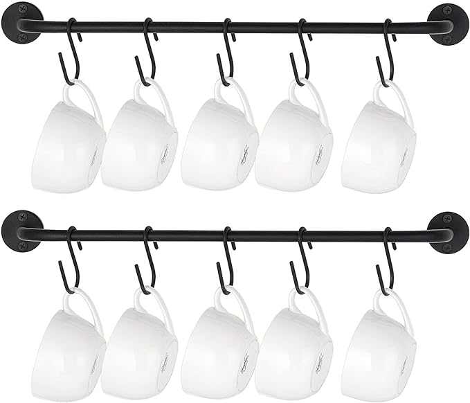 Mkono Mug Holder Wall Mounted Coffee Cup Rack Hanger Modern Metal with 10 Mug Hooks Rustic Utensil Tea Cups Storage Organizer for Kitchen Dining Room Coffee Bar, Set of 2, Black