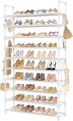 LANTEFUL Tall Shoe Rack 10 Tier Shoe Organizer Large Shoe Shelf with 18 Hooks Storage for 50 Pair Sneaker and Boot, Stackable Vertical Shoe Rack Organizer for Closet, Entryway, Bedroom, White