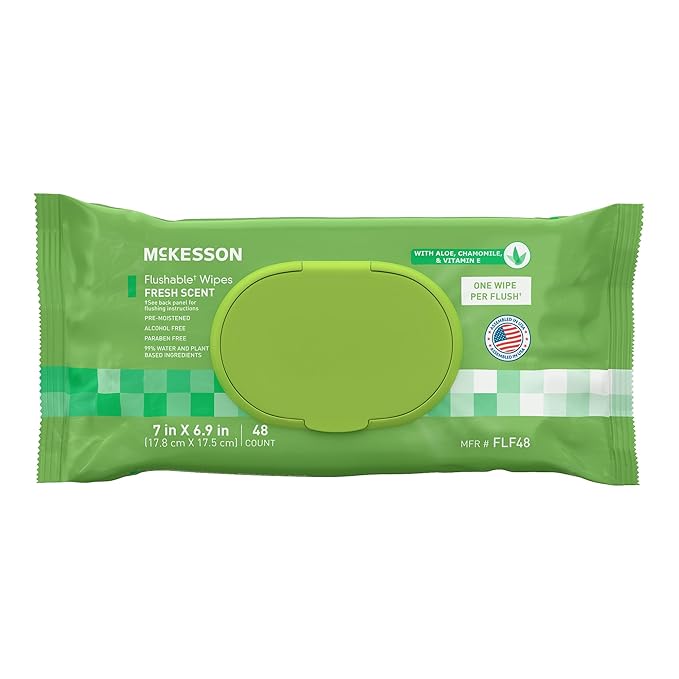 McKesson Flushable* Adult Wet Wipes – 48 Wipes (1 Pack of 48) – Aloe & Vitamin E, Plant-Based Cleansing Wipes, Scented