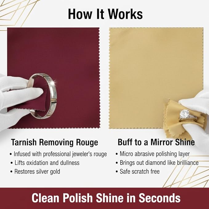 Cadie Silver Polishing Rouge Cloth - 100% Treated Reusable Cotton Jewelry Cleaning Cloth for Silver, Gold, Platinum & Silverware - Restore Shine, Remove Tarnish, 10 x 12 Inches, 2 Pack