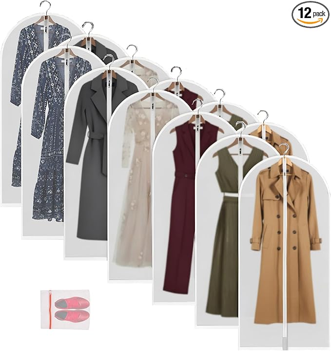 MsKitchen 12 Pack Long Garment Bags (24x60") - Dustproof Gown Covers - Durable PEVA Hanging Bags with Sturdy Zipper for Maxi Dresses, Long Coats & Dance Costumes (Translucent)