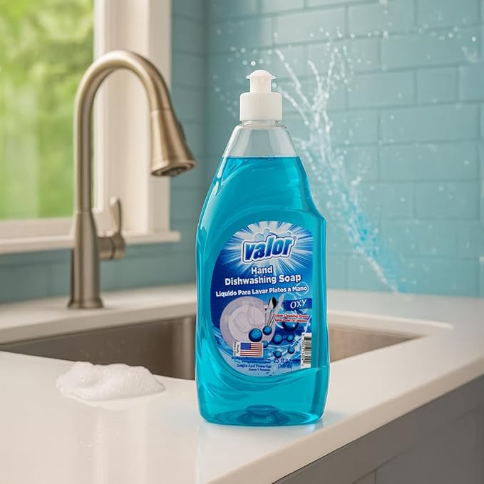 Valor Dishwashing Liquid, 25 fl oz – Dish Soap for Kitchen & Bathroom, Grease-Fighting, Gentle on Hands, Fast Rinse, Eco-Friendly Biodegradable Formula (25.5 oz (Pack of 6), Oxy Power)