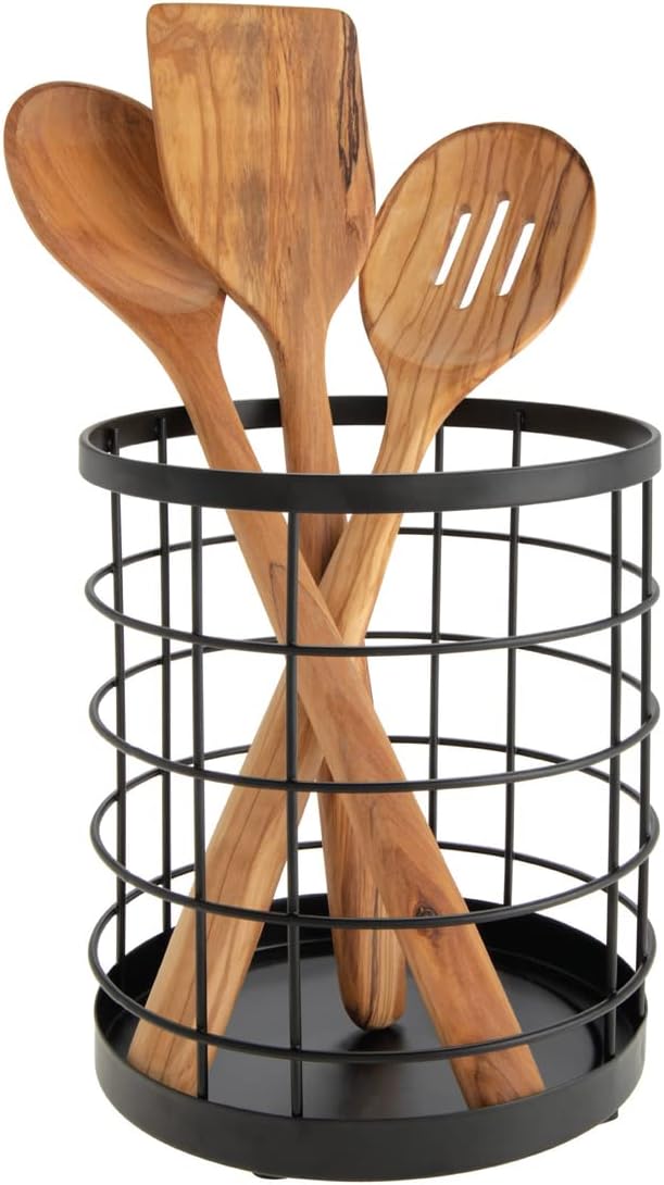 iDesign Kitchen Crock for Utensils - Steel Kitchen Crock Utensil Holder for Countertop - Matte Black