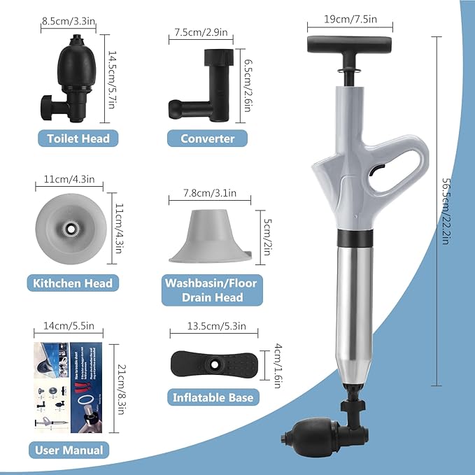 Air Plunger for Drain, High Pressure Air Drain Blaster with Visual Barometer Stainless Steel Toilet Clog Remover Toilet Unclogger Plungers for Bathroom, Toilets, Sink, Kitchen (Gray)