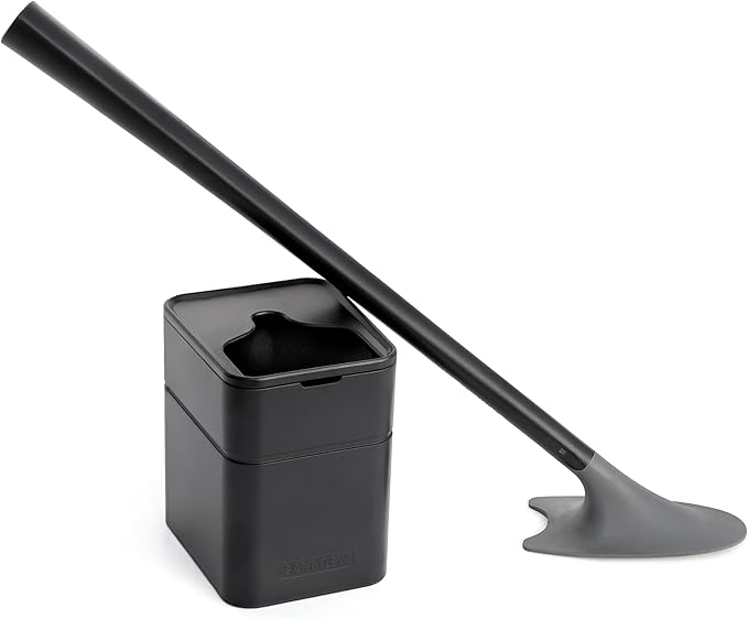Broombi Sani-Flex Toilet Brush Squeegee and drip-Less Holder Set with a Patented Silicone Bristle-Free Head - no Mess, no clinging gunk or Poo, Super Clean Solution (Black)