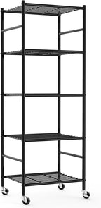 Sakugi Storage Shelves Organizer - 5 Tier Metal Shelf Organizer with Metal Wheels and Adjustable Leveling Feet, Heavy Duty Garage Shelving for Kitchen, Pantry and Closet, 18.1"x12.6"x58.7", Black