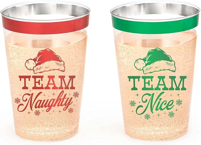 xo, Fetti Christmas Decorations Cups - 30 count, 12 oz | Team Naughty or Nice, Christmas Eve Disposable Drinkwear, Clear Plastic Cocktail Tumbler with Foil