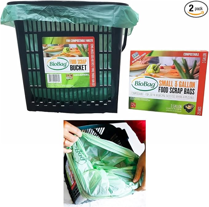 BioBag Countertop Kitchen Compost Bin & 25 Count 3-Gallon Certified Compostable Bags – BPI & ASTM D6400 Approved – Ventilated, Dishwasher-Safe Counter Scrap Bin