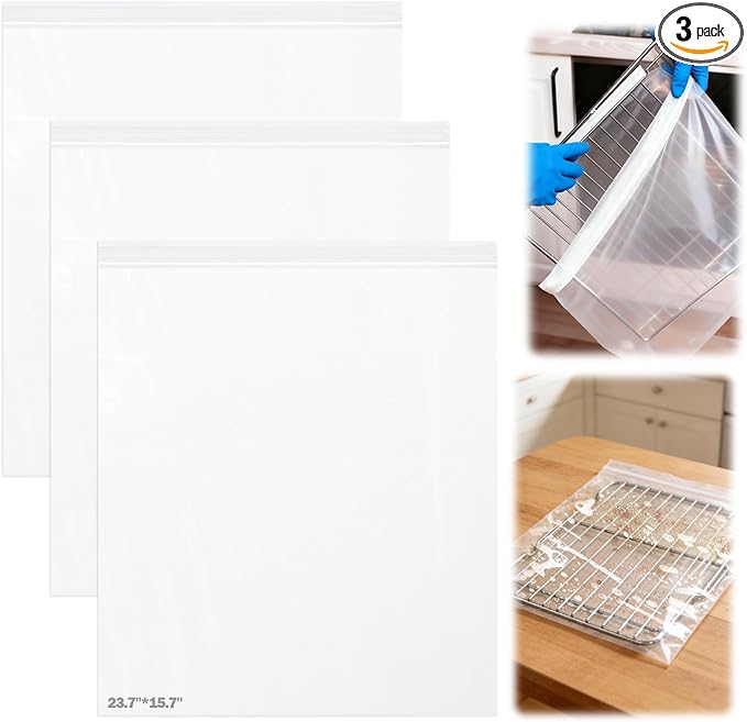 XANGNIER 3 Pack No Scrub Oven Rack Cleaning Bags 23.7*15.7 in,No Cleaner Included,Simple to Use,No Messy Hands Reusable Leakproof Soaking Cleaner Bags for Removable Metal Rack,BBQ Grills,Grill Grate