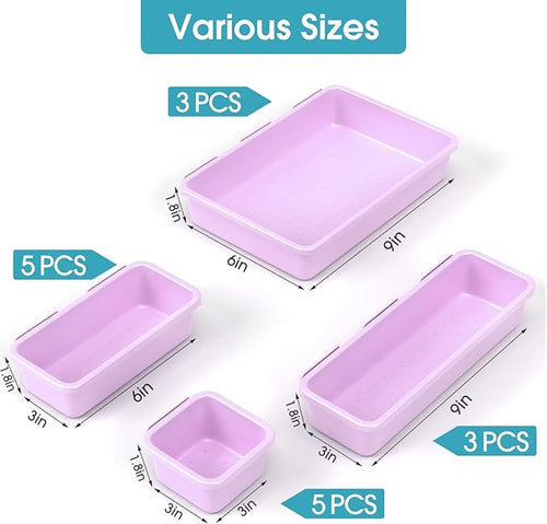 16 PCS Drawer Organizer Set, 4 Size Makeup Drawer Divider Organizer With Non-Slip Pads, Interlocking Plastic Storage Bins for Office,Jewelry Vanity,Gadgets, Bathroom,Kitchen, Purple