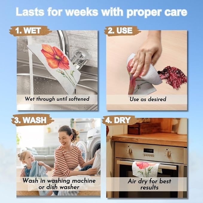 Swedish Dishcloths for Kitchen - Ecofriendly Reusable Paper Towels, Biodegradable Dish Cloths - Cellulose Sponge Dish Cloths for Washing Dishes - 8 Pack (Floral)