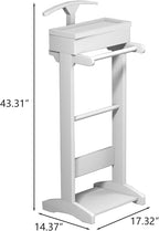 Mens Valet Stand with Top Tray Organizer, Shoe Shelf and Suit Rack, Wooden Clothes Valet Stand for Bedroom Entryway (White)