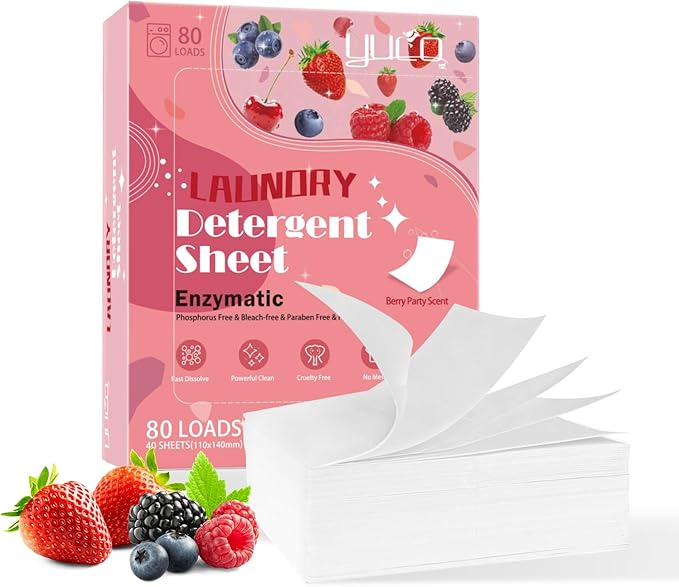 YCUO Eco Laundry Detergent Sheets - 80 Loads, Hypoallergenic Dryer Sheets with Berry Odor, Travel Laundry Detergent for Camping Vacation Cruise Trip College Dorm