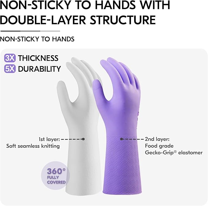 Vgo... Household Cleaning Gloves,Double-layer,Lined Dishwashing Gloves,Long Sleeves for Kitchen,Bathroom Cleaning(TP1117)