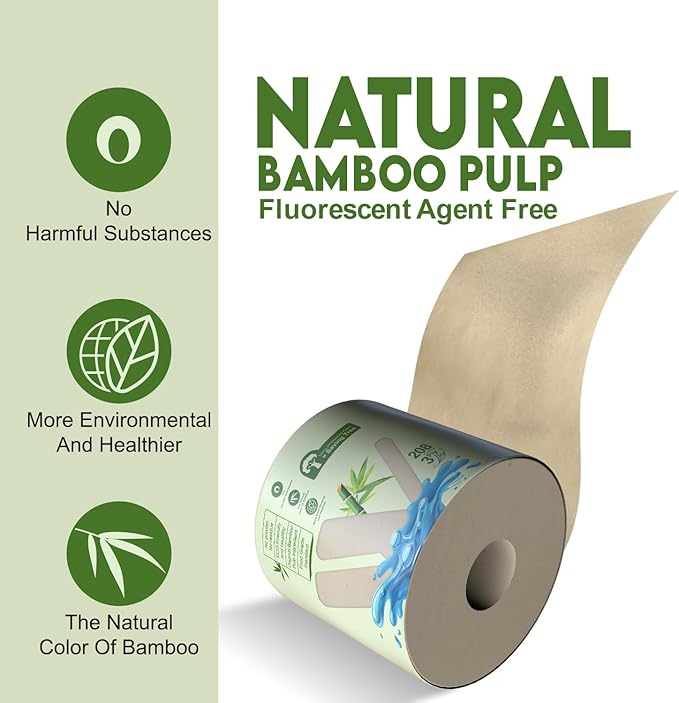 WBM Care Bamboo Toilet Tissue, Strong & Flexible 3-Ply, All Natural Tree Free and Septic Safe Paper Towels, 250 Sheets Each Roll, Total 7500 Sheets, 30 Rolls