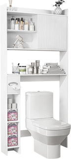 Over The Toilet Storage Cabinet with Sliding Door, 31.5" W Over Toilet Bathroom Organizer with Adjustable Shelves & Toilet Paper Holder, Space Saver Cabinet for Bathroom, White